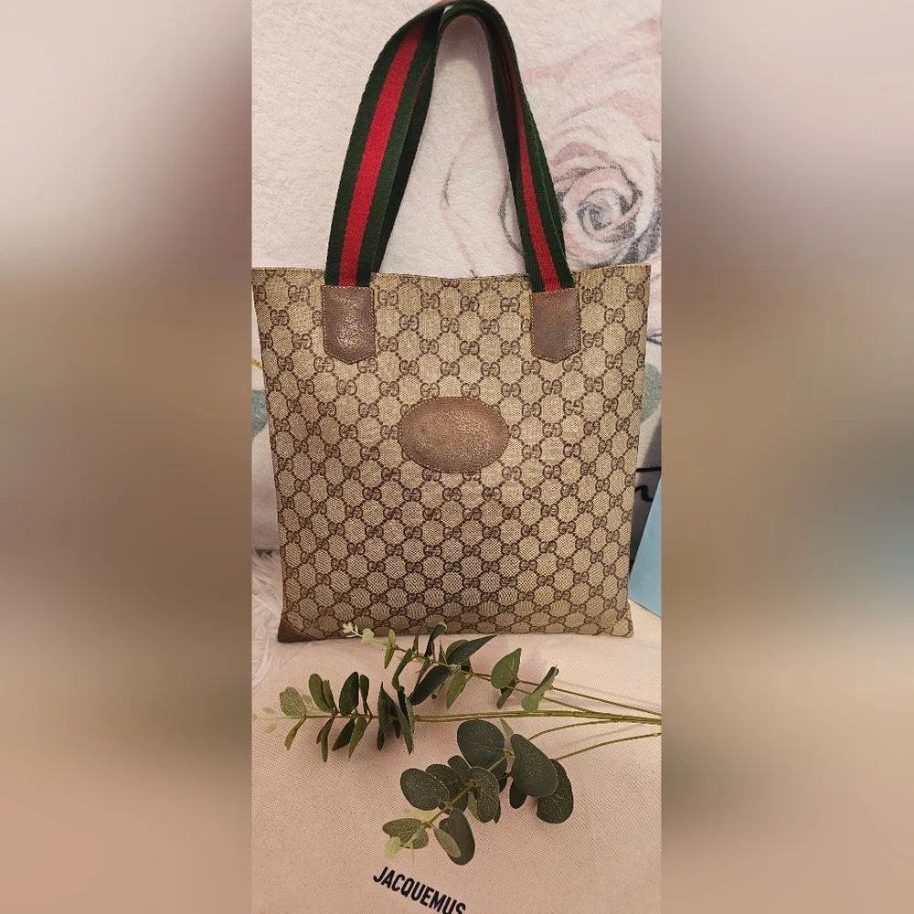 Gucci Beige and Brown Tote Bag with Red and Green Straps GUC - Picture 12 of 16